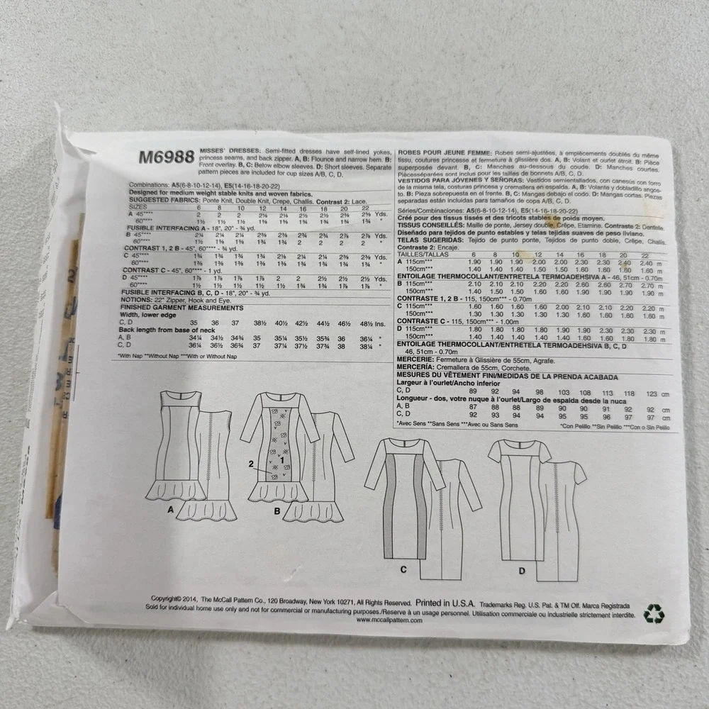 McCall's M6988 Sewing Pattern Misses Semi-Fitted Dresses Size 14, 16, 18, 20, 22